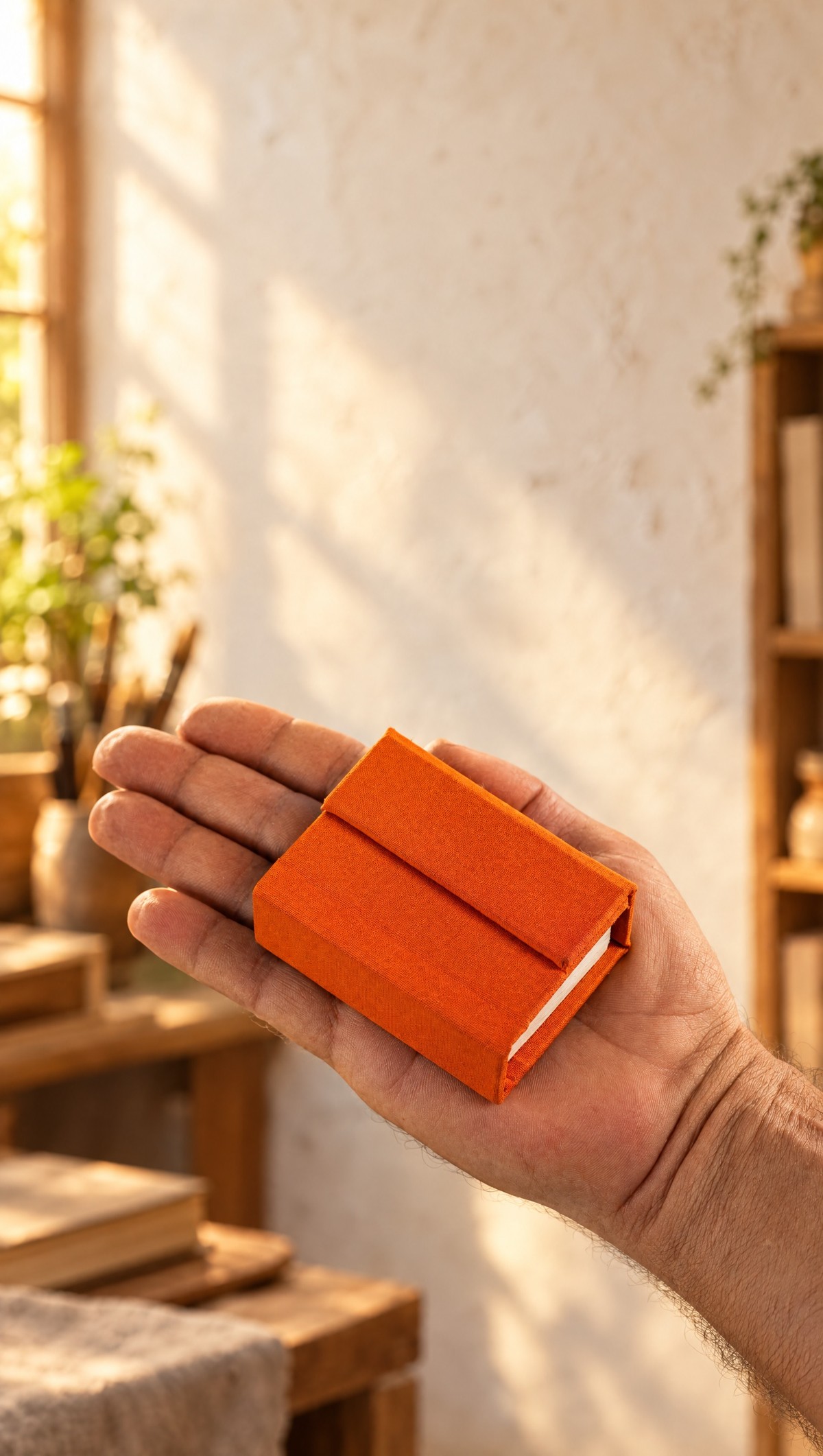 Mini álbum laranja na palma da mão