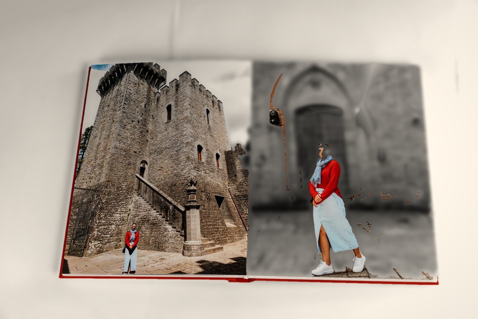 Fotolivro aberto com fotografias